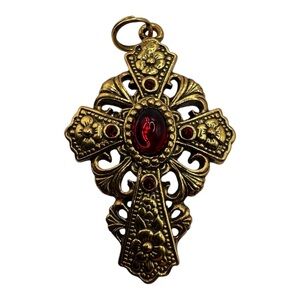 Vatican Library Collection Ornate‎ Gold-Tone Cross Pendant with Red Gem 1.75”
